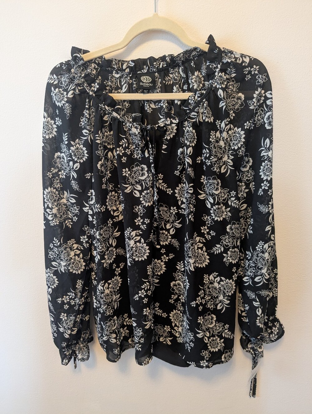 BDG Black Floral Tie-Neck Peasant Blouse